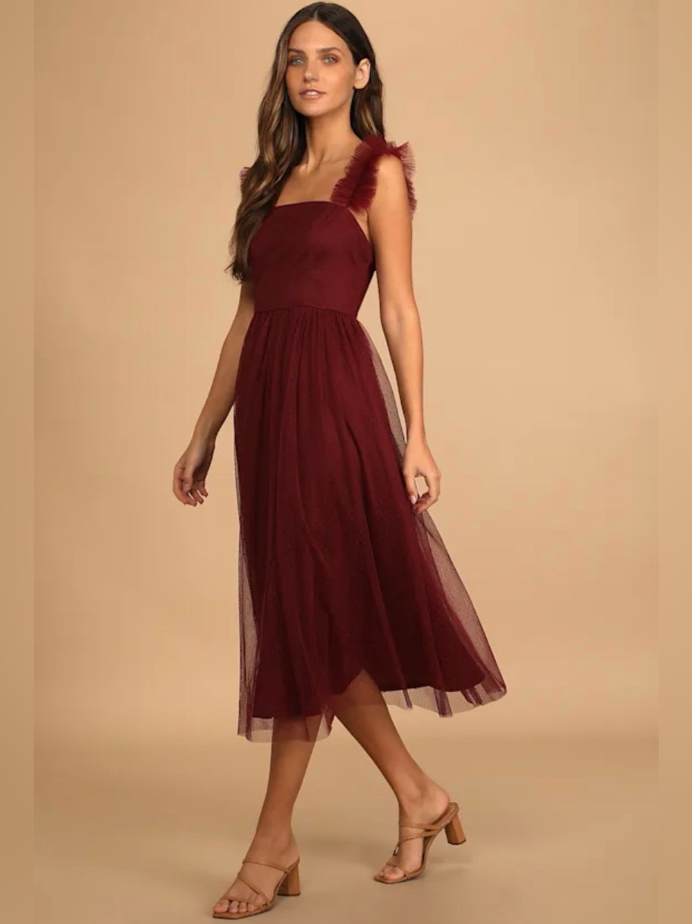 Divine Invitation Burgundy Tulle Swiss Dot Ruffled Midi Dress